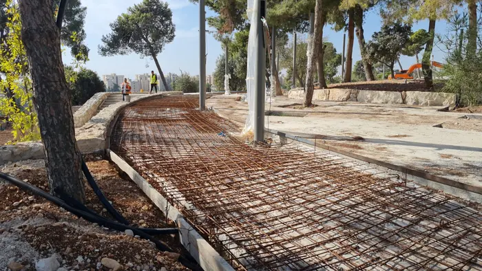 רשת זיון מונחת בתבנית השביל, בין עצים בוגרים שנשמרו באתר.